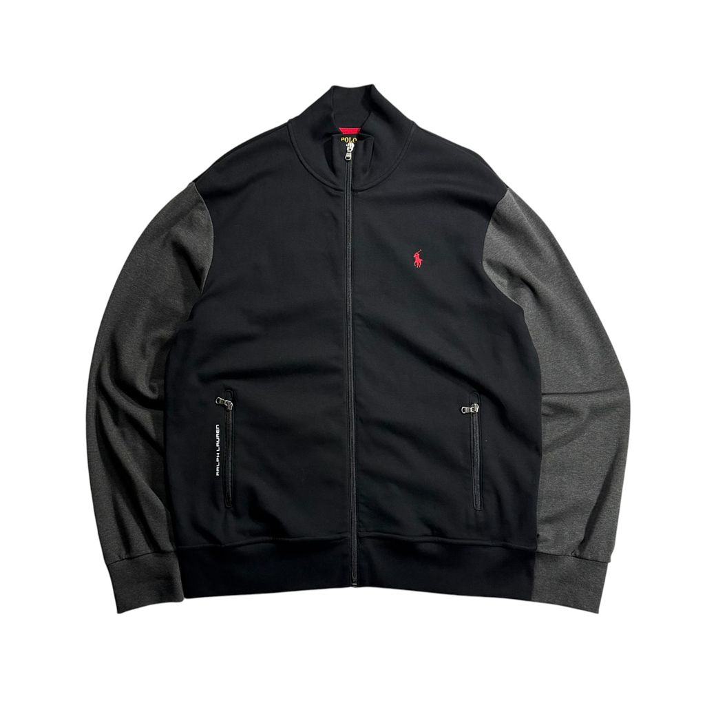 POLO RALPH LAUREN Color Block Track Jacket Black x Dark Gray L / ポロラルフローレン カラーブロック トラックジャケット ジャージ フルジップスタンドカラー 切替 刺繍ロゴ 黒 灰色 00s〜10s 古着 USED