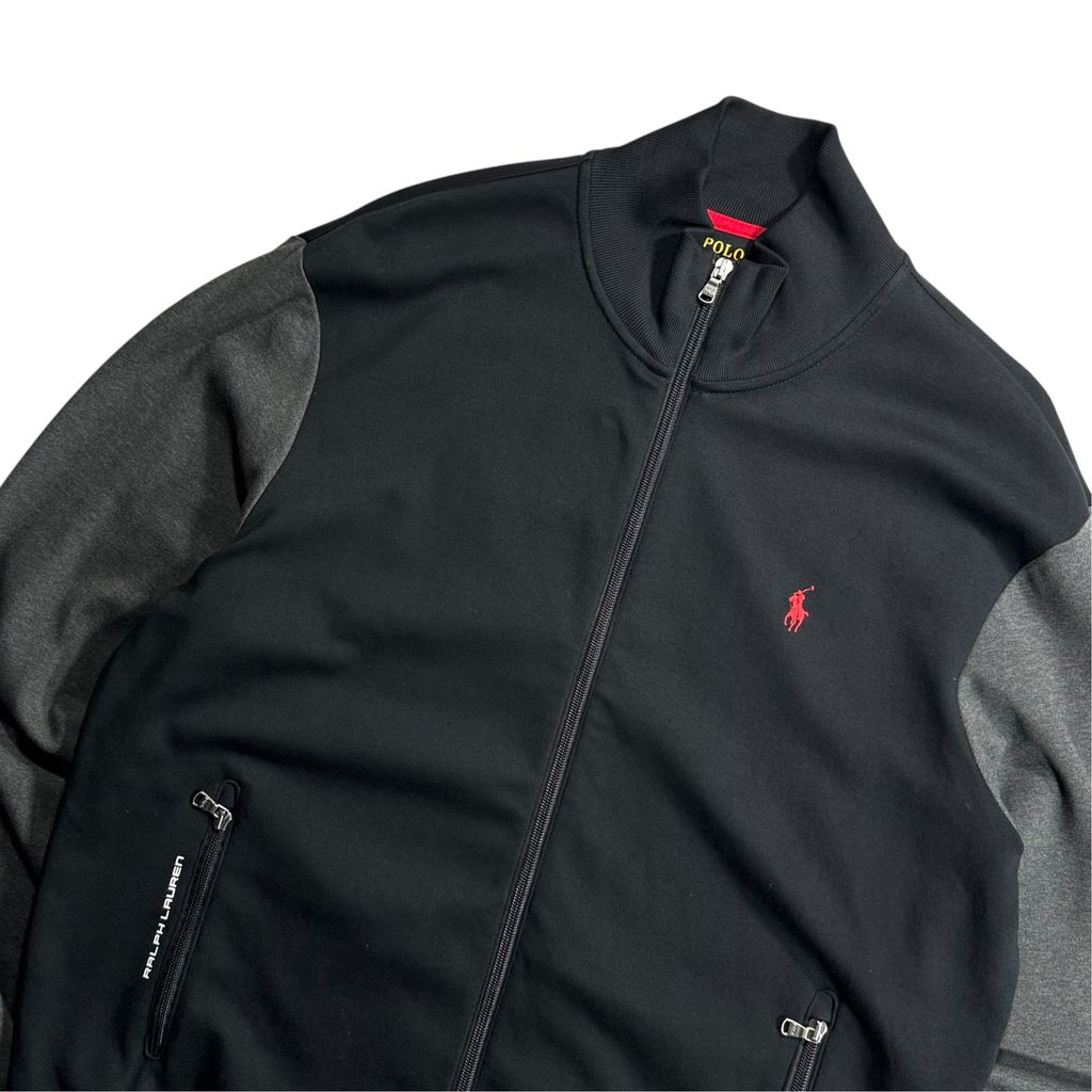 POLO RALPH LAUREN Color Block Track Jacket Black x Dark Gray L / ポロラルフローレン カラーブロック トラックジャケット ジャージ フルジップスタンドカラー 切替 刺繍ロゴ 黒 灰色 00s〜10s 古着 USED