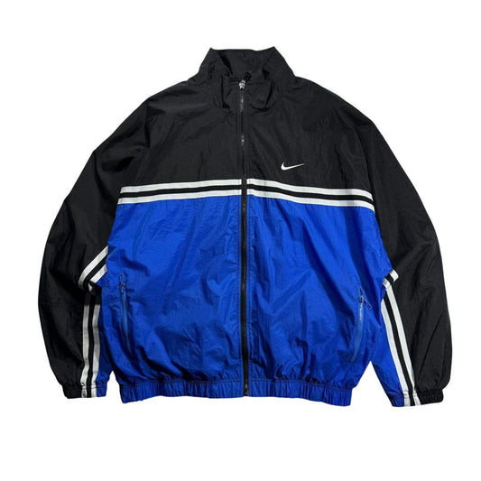 【USED】90s NIKE Nylon Full-Zip Jacket Black x Blue L / ナイキ ナイロンジャケット フルジップ 切替 バックロゴ 刺繍 黒 青
