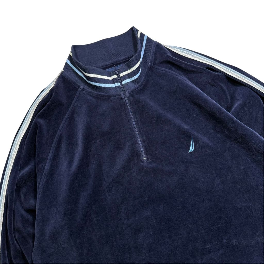 【USED】90s〜00s NAUTICA Velour Half Zip Pullover Jacket Navy L / ノーティカ ベロア ハーフジップ プルオーバー ジャケット ジャージ トラックトップ 紺 90年代