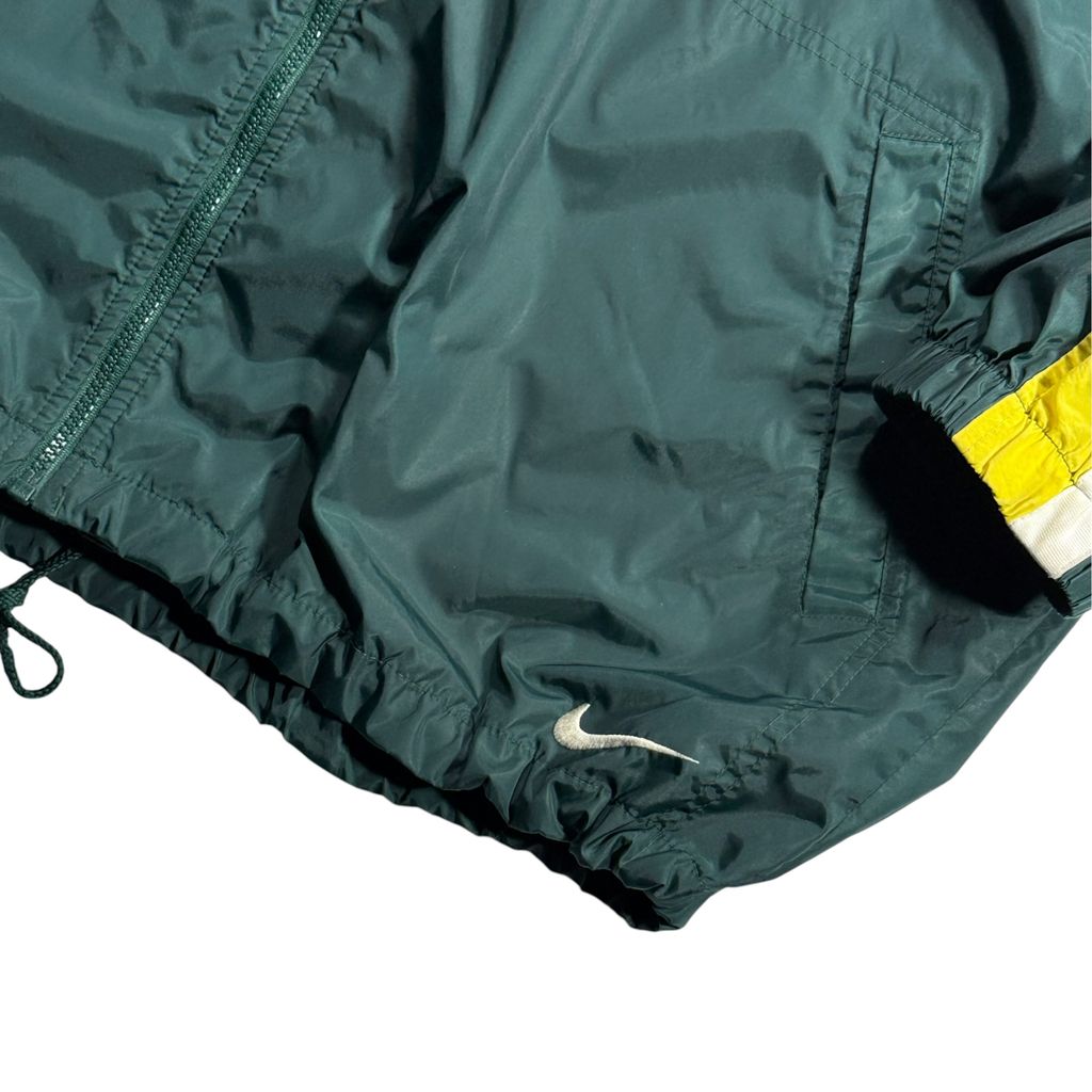 【USED】90s NIKE Nylon Full-Zip Jacket Dark Green x Yellow x White XL / ナイキ ナイロンジャケット フルジップ 襟付き 切替 バックビッグスウッシュ 90年代