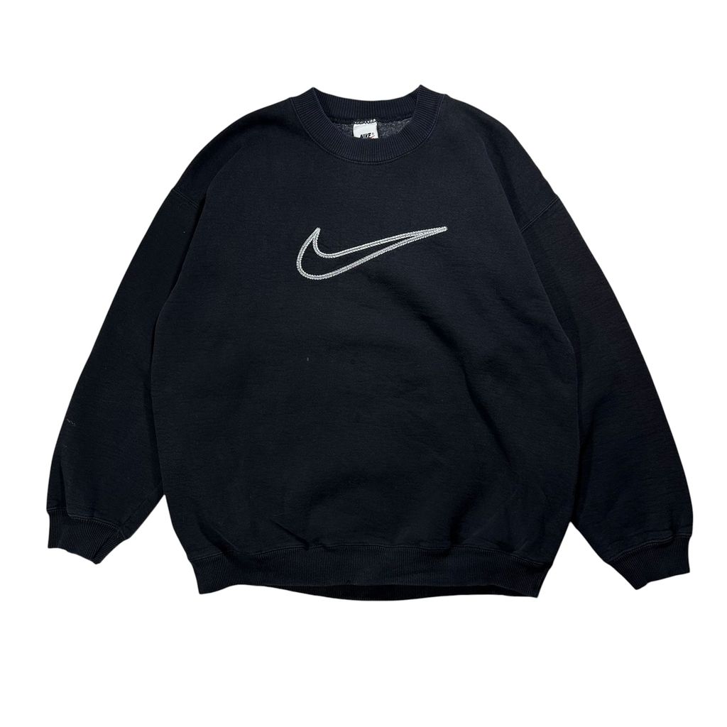 【USED】90s NIKE Center Big Swoosh Sweat Black L / ナイキ センター ビッグスウッシュ 刺繍 クルーネック スウェット トレーナー ブラック 黒 白タグ Lサイズ メンズ 古着