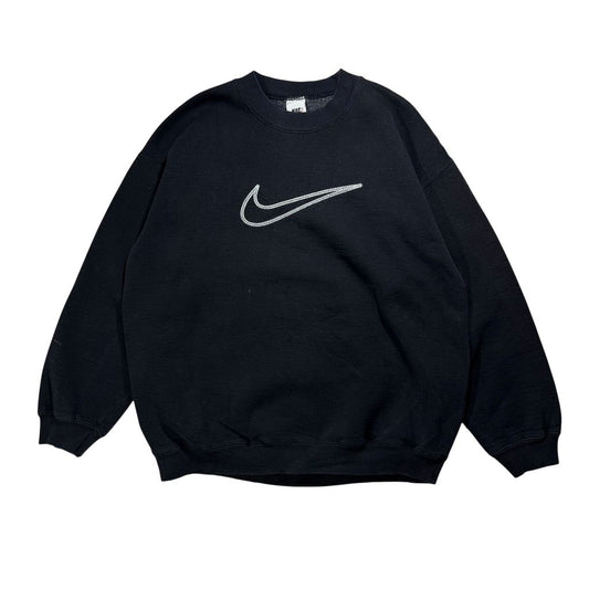 【USED】90s NIKE Center Big Swoosh Sweat Black L / ナイキ センター ビッグスウッシュ 刺繍 クルーネック スウェット トレーナー ブラック 黒 白タグ Lサイズ メンズ 古着