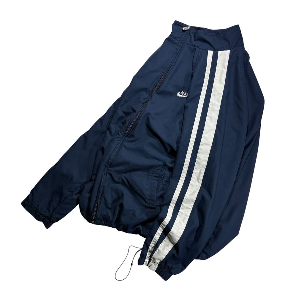 【USED】00s NIKE Nylon Track Jacket Navy x White XL / ナイキ ナイロンジャケット トラックジャケット サイドライン 刺繍ロゴ 紺 白 00年代