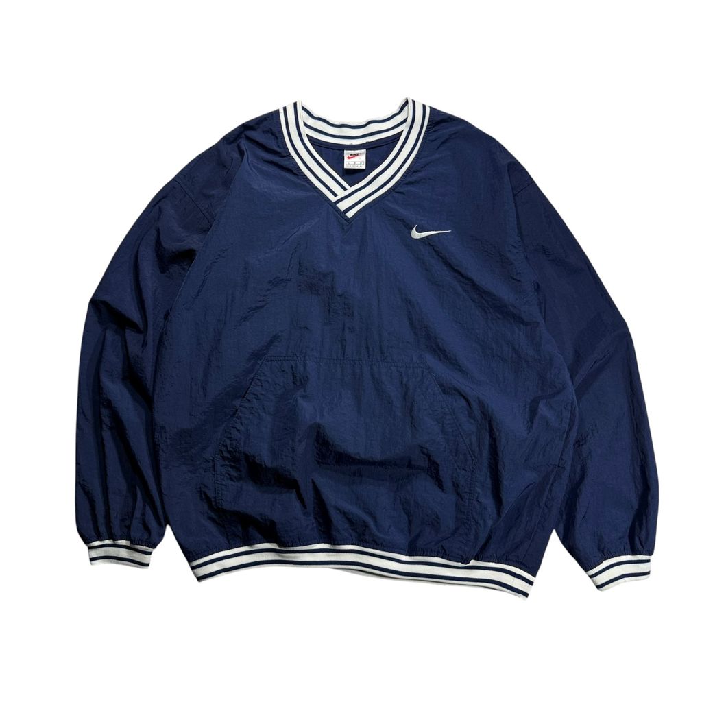 【USED】90s NIKE V-Neck Nylon Pullover Jacket Navy x White L / ナイキ Vネック ナイロン プルオーバー ジャケット ウィンドブレーカー リブ切替 刺繍 紺 白 90年代
