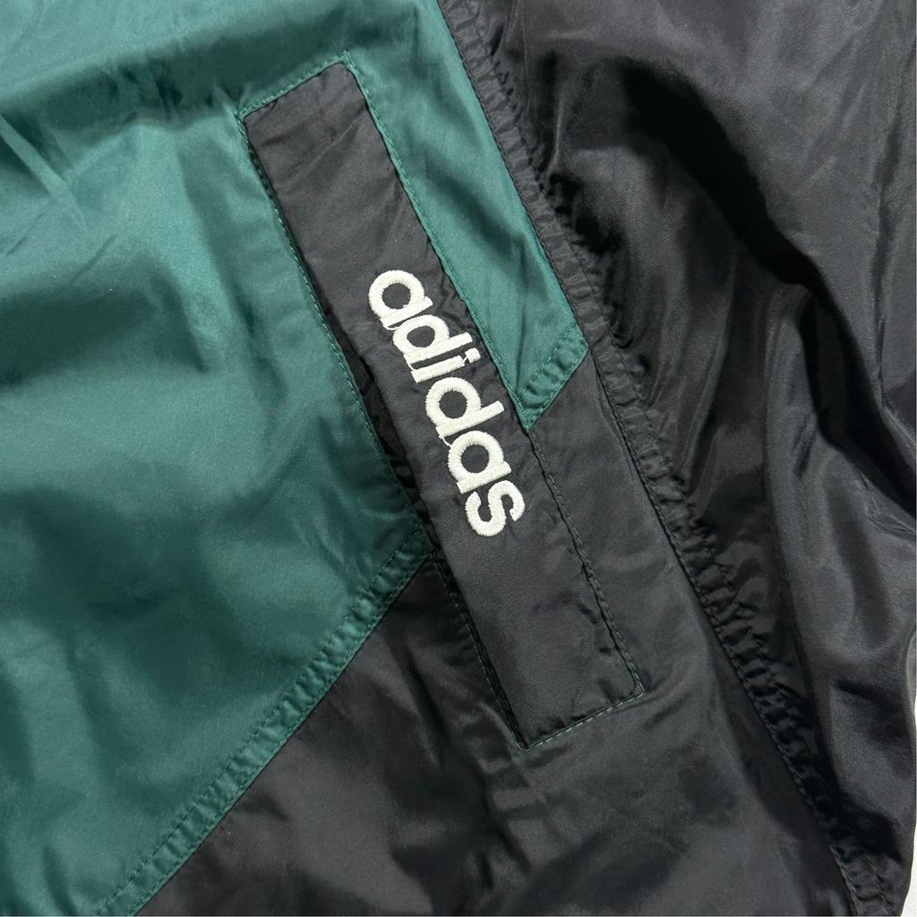 【USED】90s adidas Performance Logo Nylon Pullover Jacket Dark Green x Black x White L / アディダス パフォーマンスロゴ ナイロン プルオーバー ジャケット