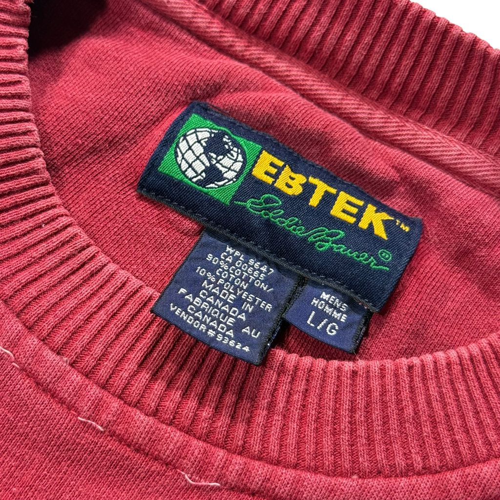 【USED】90s EBTEK Eddie Bauer Center Logo Sweat Wine L MADE IN CANADA / エディーバウアー エビテック センターロゴ 刺繍 クルーネック スウェット トレーナー エンジ バーガンディ カナダ製