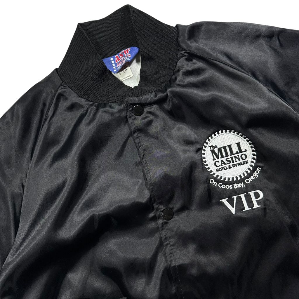 【USED】90s ASW Jackets Satin Bomber Jacket Black L / エーエスダブリュー ナイロンサテン スタジャン スタジアムジャケット カジノ 企業刺繍 ブラック 黒 アメリカ製 USA 90年代 ヴィンテージ 古着