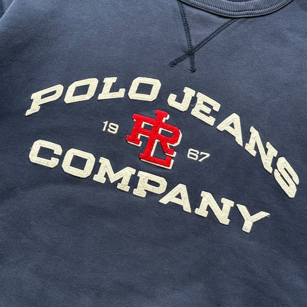 【USED】POLO JEANS CO. RALPH LAUREN Arch Logo Sweat Navy 4XL / ポロジーンズ ラルフローレン アーチロゴ 刺繍 前V スウェット トレーナー ネイビー 超ビッグサイズ 4XL 古着