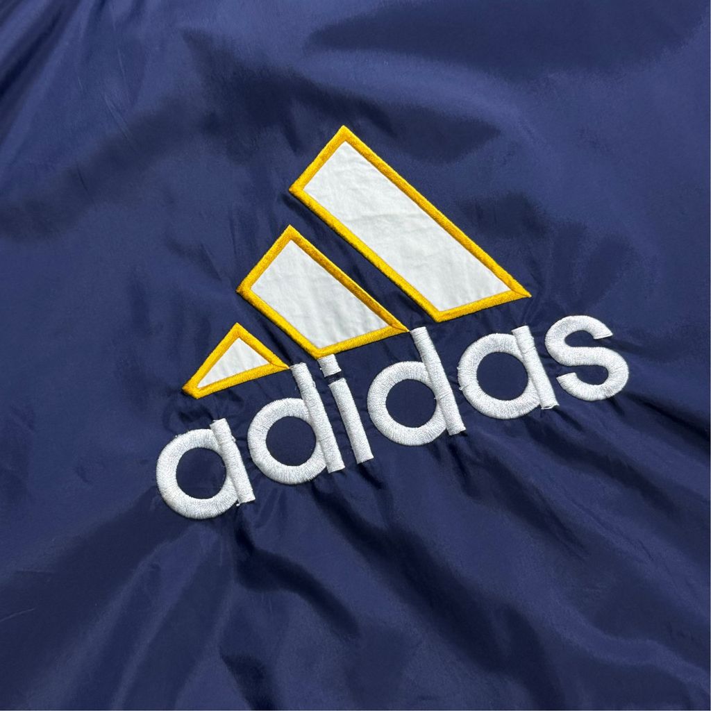 【USED】90s adidas Performance Logo Hooded Nylon Jacket Navy x Yellow x White XXL / アディダス パフォーマンスロゴ フーデッド ナイロンジャケット 切替 90年代