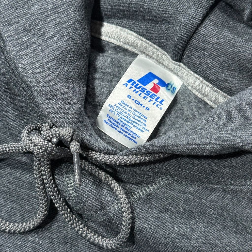 【USED】RUSSELL ATHLETIC PCL CONSTRUCTION Sweat Hoodie Grey S / ラッセルアスレチック 企業ロゴ スウェット パーカー プルオーバー チャコール グレー ホンジュラス製 デッドストック 古着