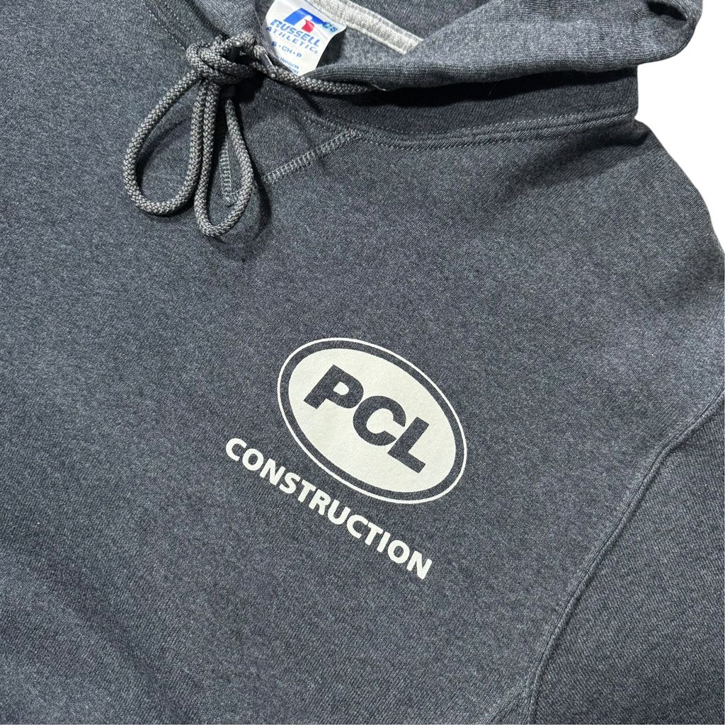 【USED】RUSSELL ATHLETIC PCL CONSTRUCTION Sweat Hoodie Grey S / ラッセルアスレチック 企業ロゴ スウェット パーカー プルオーバー チャコール グレー ホンジュラス製 デッドストック 古着