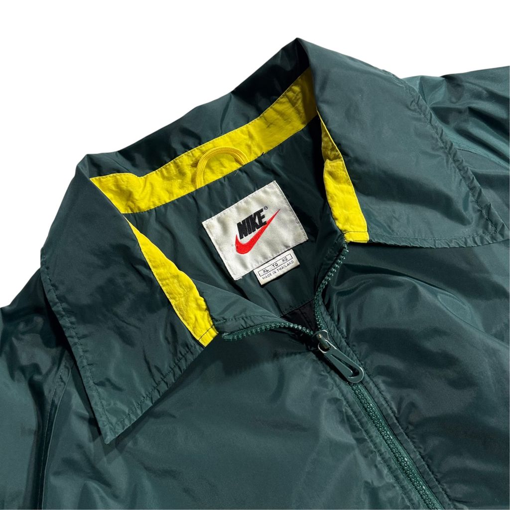 【USED】90s NIKE Nylon Full-Zip Jacket Dark Green x Yellow x White XL / ナイキ ナイロンジャケット フルジップ 襟付き 切替 バックビッグスウッシュ 90年代