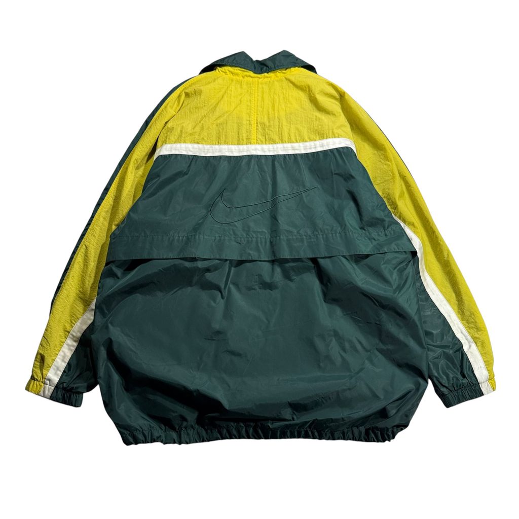 【USED】90s NIKE Nylon Full-Zip Jacket Dark Green x Yellow x White XL / ナイキ ナイロンジャケット フルジップ 襟付き 切替 バックビッグスウッシュ 90年代