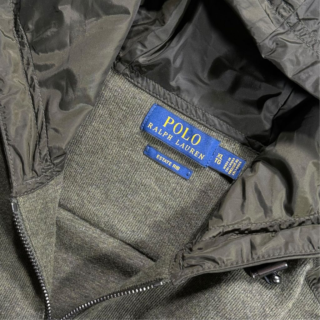 【USED】POLO RALPH LAUREN Estate Rib Hooded Full-Zip Jacket Olive XL / ポロラルフローレン エステートリブ フーデッド フルジップアップジャケット ニットパーカー ナイロン切替 オリーブ カーキ 00s〜10s