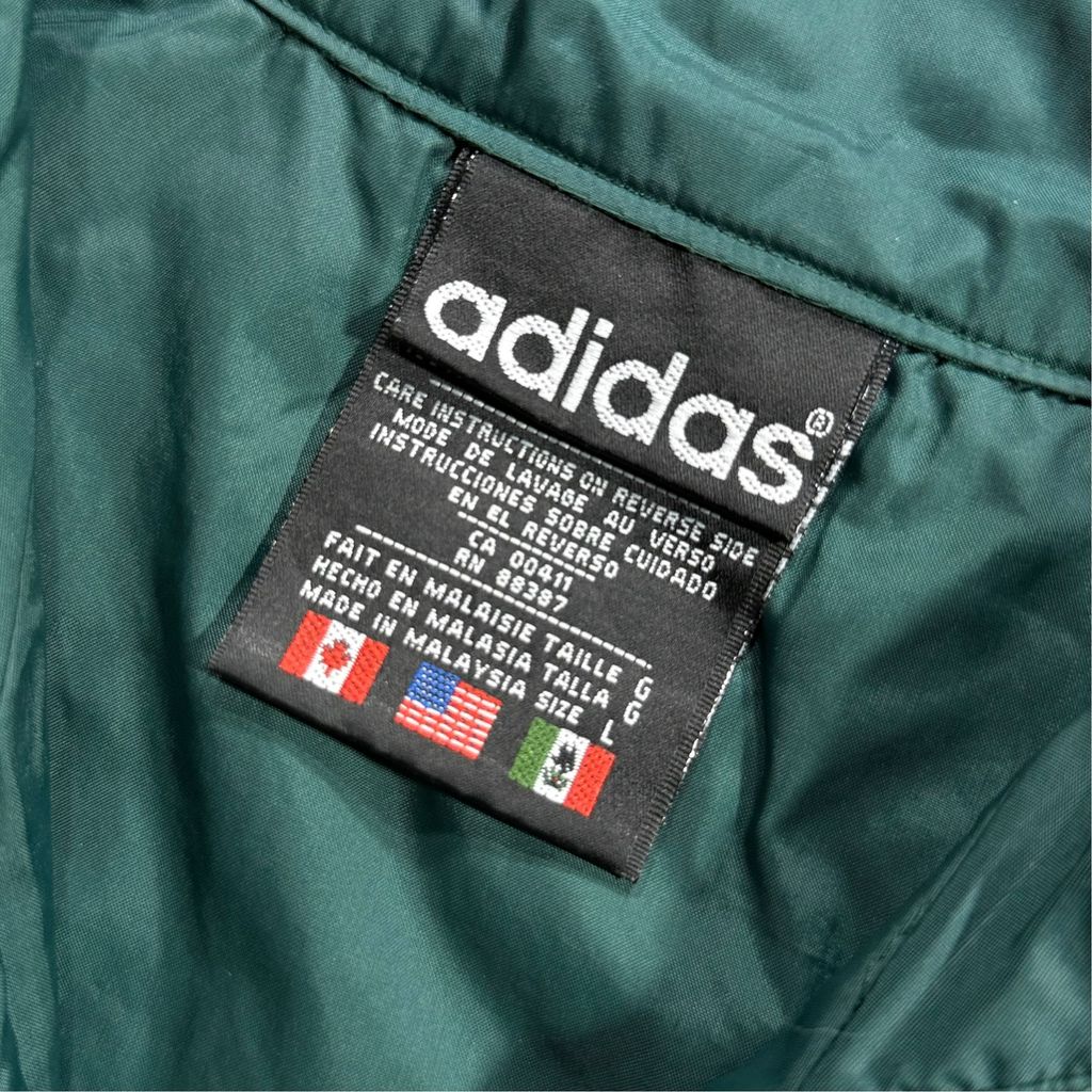 【USED】90s adidas Performance Logo Nylon Pullover Jacket Dark Green x Black x White L / アディダス パフォーマンスロゴ ナイロン プルオーバー ジャケット