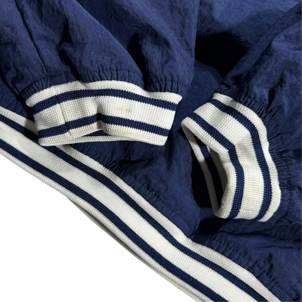【USED】90s NIKE V-Neck Nylon Pullover Jacket Navy x White L / ナイキ Vネック ナイロン プルオーバー ジャケット ウィンドブレーカー リブ切替 刺繍 紺 白 90年代