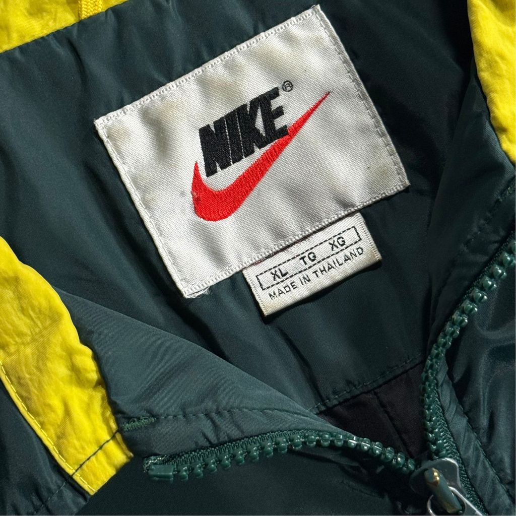 【USED】90s NIKE Nylon Full-Zip Jacket Dark Green x Yellow x White XL / ナイキ ナイロンジャケット フルジップ 襟付き 切替 バックビッグスウッシュ 90年代