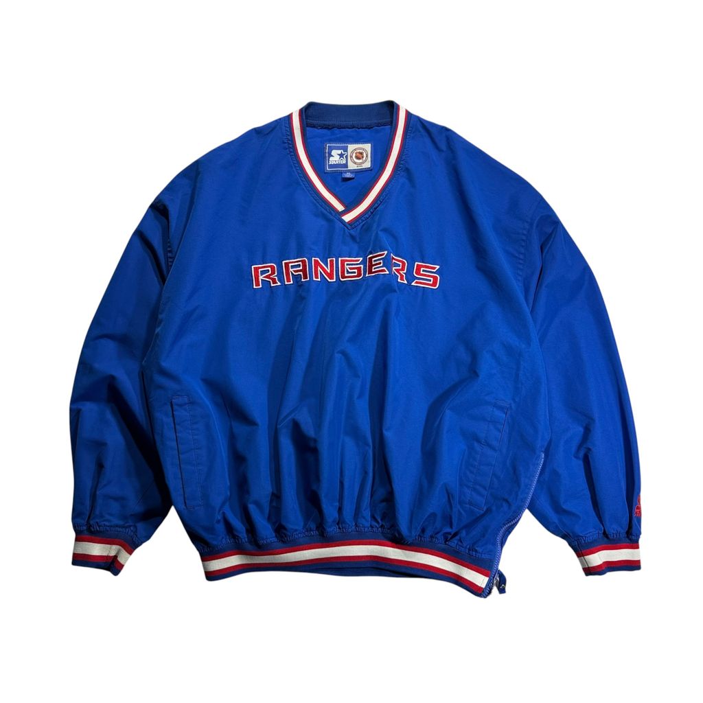 【USED】90s STARTER NHL NEW YORK RANGERS V-Neck Nylon Pullover Jacket Royal Blue XL / スターター NHL ニューヨーク レンジャース Vネック ナイロン プルオーバー ジャケット