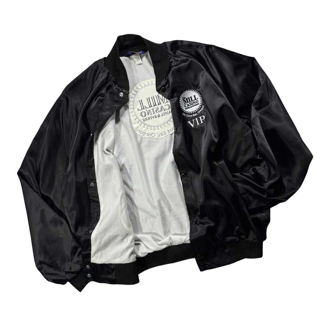 【USED】90s ASW Jackets Satin Bomber Jacket Black L / エーエスダブリュー ナイロンサテン スタジャン スタジアムジャケット カジノ 企業刺繍 ブラック 黒 アメリカ製 USA 90年代 ヴィンテージ 古着