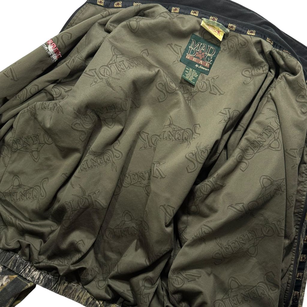 【USED】90s〜00s MAD DOG GEAR by Stearns Real Tree Camo Cotton Jacket XL / マッドドッグギア リアルツリーカモ 迷彩柄 コットンジャケット 総柄 企業刺繍 Scent-Lok 90年代 ヴィンテージ 古着