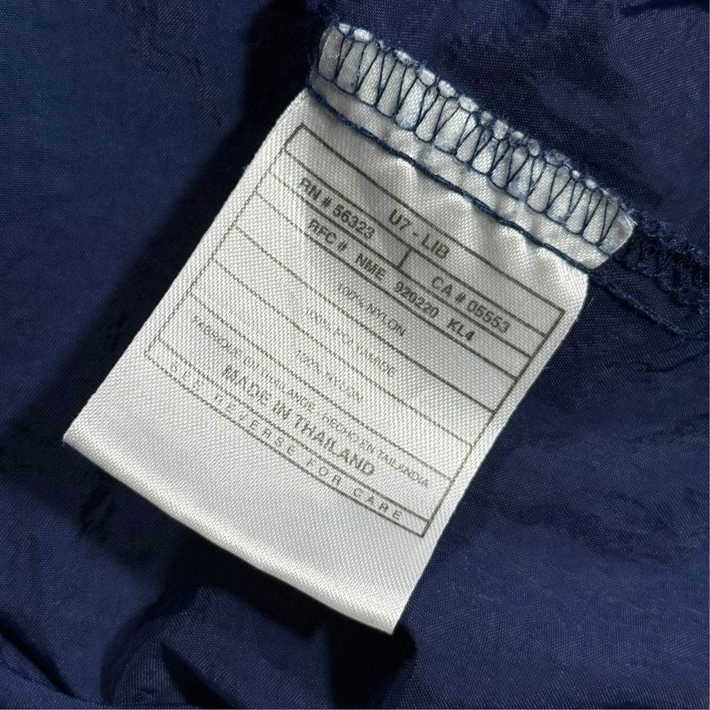 【USED】90s NIKE V-Neck Nylon Pullover Jacket Navy x White L / ナイキ Vネック ナイロン プルオーバー ジャケット ウィンドブレーカー リブ切替 刺繍 紺 白 90年代