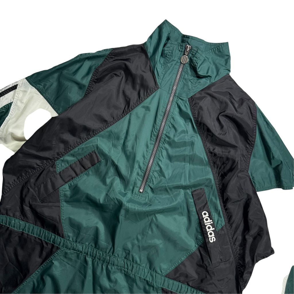 【USED】90s adidas Performance Logo Nylon Pullover Jacket Dark Green x Black x White L / アディダス パフォーマンスロゴ ナイロン プルオーバー ジャケット
