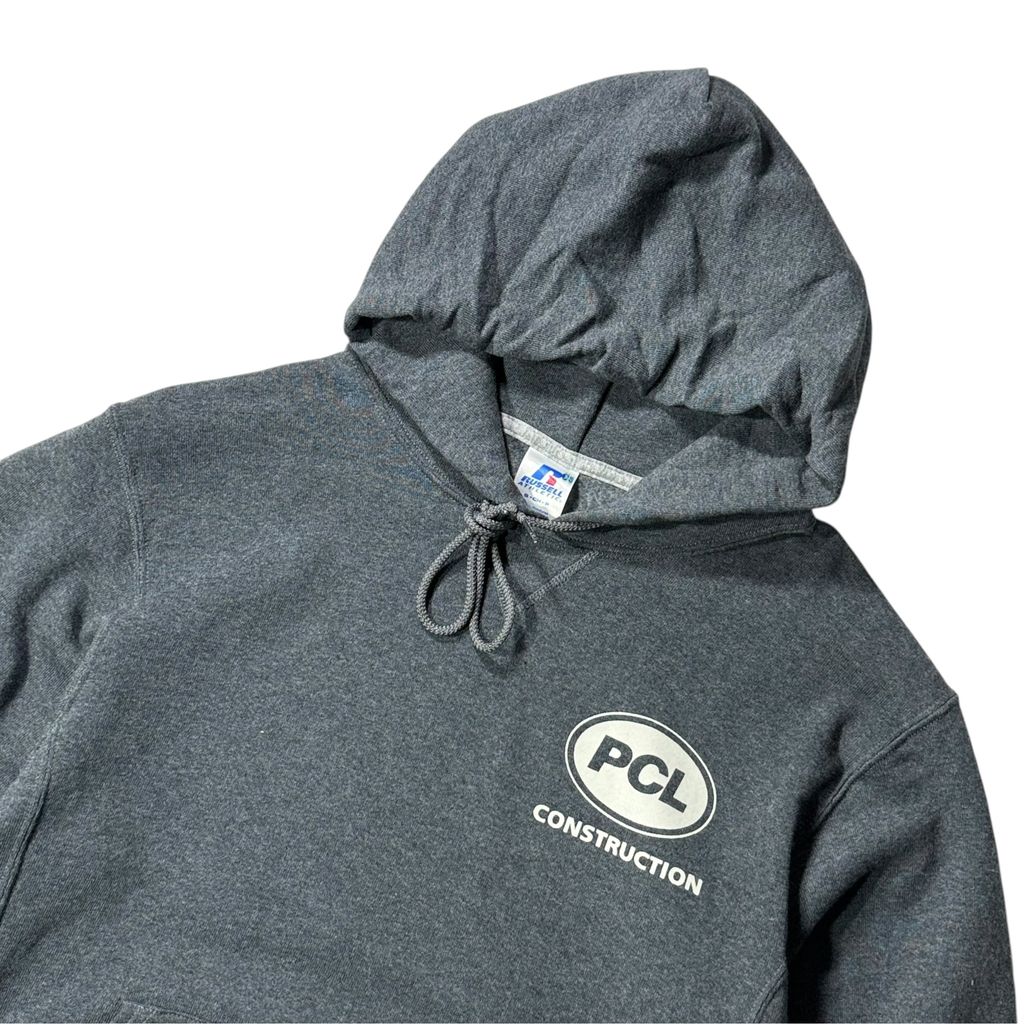 【USED】RUSSELL ATHLETIC PCL CONSTRUCTION Sweat Hoodie Grey S / ラッセルアスレチック 企業ロゴ スウェット パーカー プルオーバー チャコール グレー ホンジュラス製 デッドストック 古着
