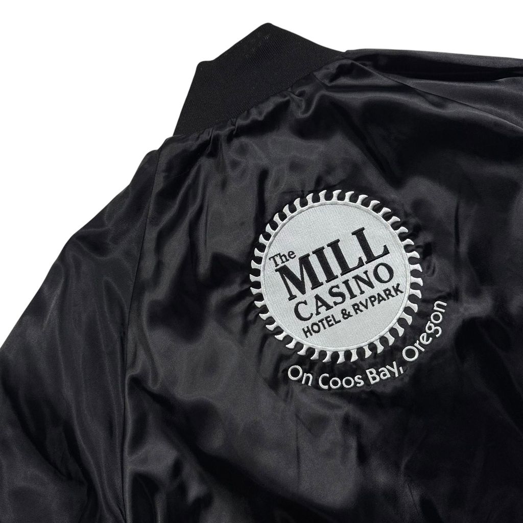 【USED】90s ASW Jackets Satin Bomber Jacket Black L / エーエスダブリュー ナイロンサテン スタジャン スタジアムジャケット カジノ 企業刺繍 ブラック 黒 アメリカ製 USA 90年代 ヴィンテージ 古着
