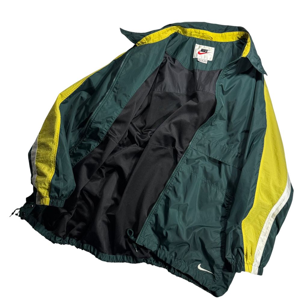 【USED】90s NIKE Nylon Full-Zip Jacket Dark Green x Yellow x White XL / ナイキ ナイロンジャケット フルジップ 襟付き 切替 バックビッグスウッシュ 90年代