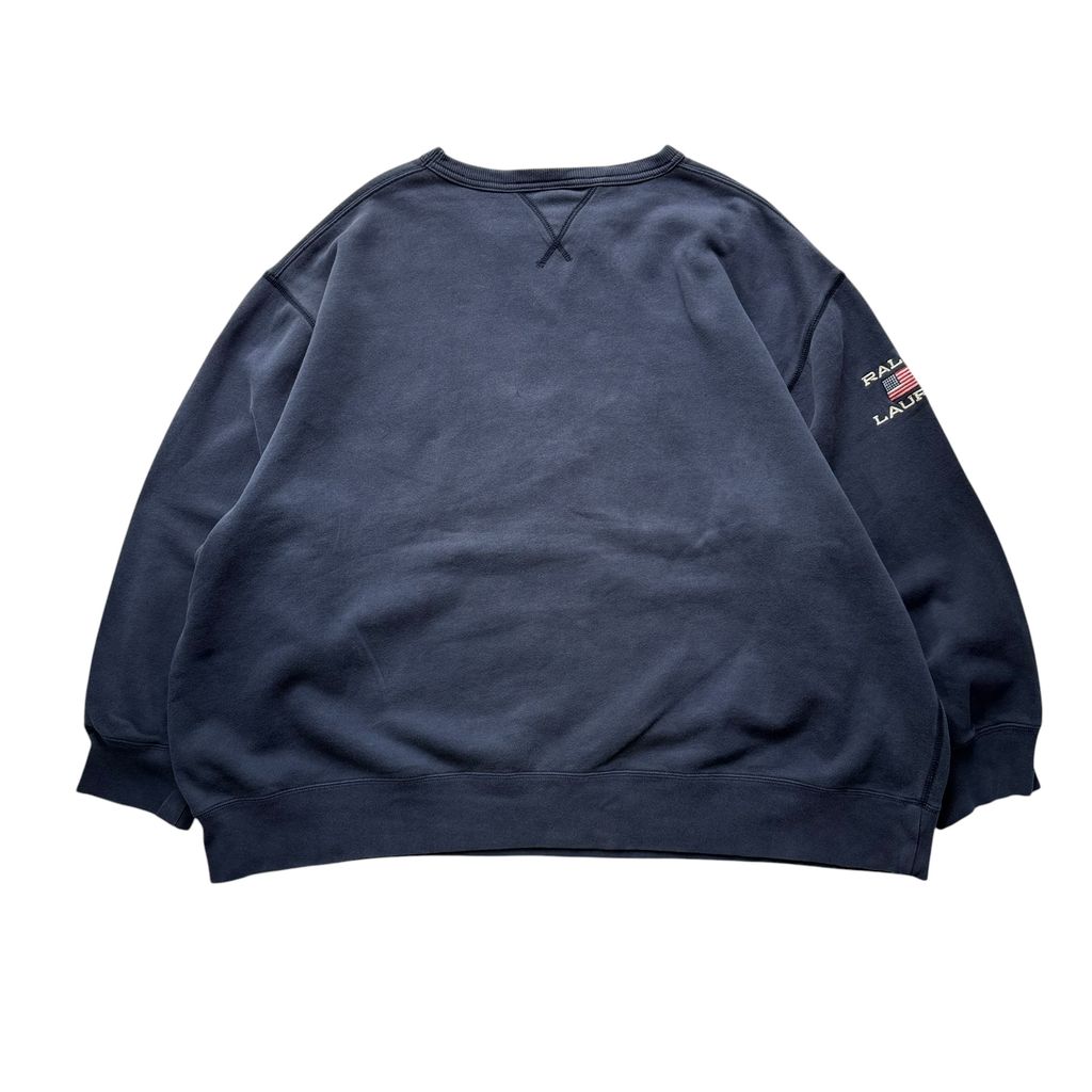 【USED】POLO JEANS CO. RALPH LAUREN Arch Logo Sweat Navy 4XL / ポロジーンズ ラルフローレン アーチロゴ 刺繍 前V スウェット トレーナー ネイビー 超ビッグサイズ 4XL 古着