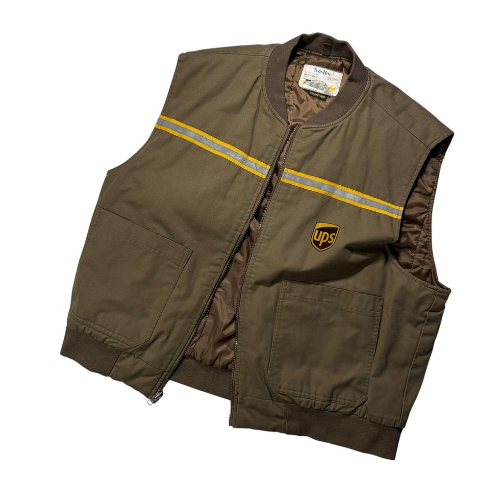 【USED】TWINHILL UPS Official Uniform Insulated Vest Brown XL / ツインヒル UPS 公式ユニフォーム 中綿ベスト キルティングライナー シンサレート リフレクターテープ付き 企業モノ ビッグサイズ