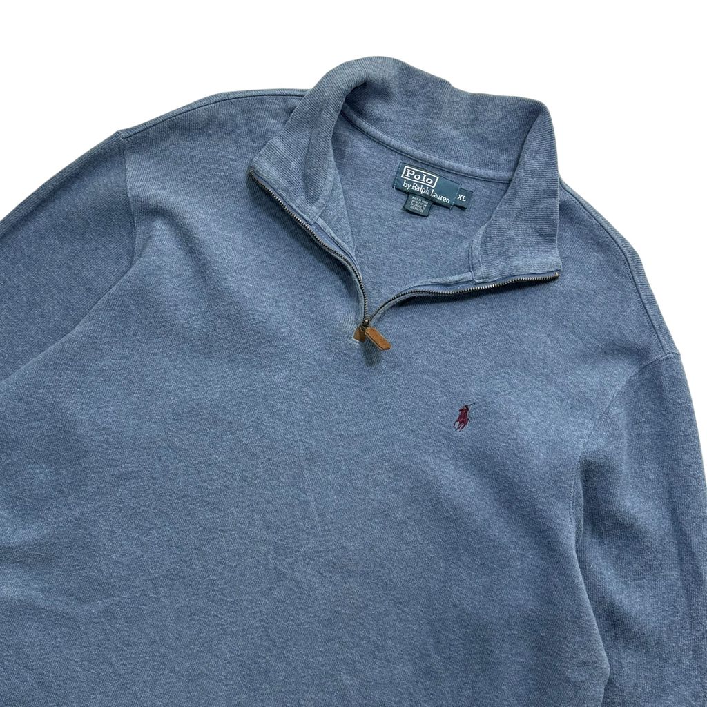 【USED】Polo by Ralph Lauren Half-Zip Cotton Sweat Heather Blue XL / ポロ バイ ラルフローレン ハーフジップ コットン スウェット トレーナー 霜降り ブルー ポニー刺繍 XL 古着