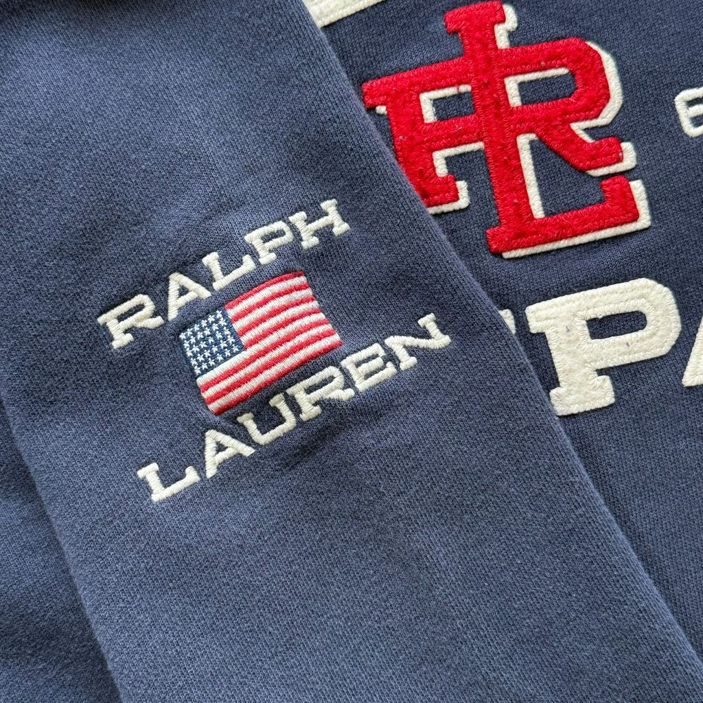 【USED】POLO JEANS CO. RALPH LAUREN Arch Logo Sweat Navy 4XL / ポロジーンズ ラルフローレン アーチロゴ 刺繍 前V スウェット トレーナー ネイビー 超ビッグサイズ 4XL 古着