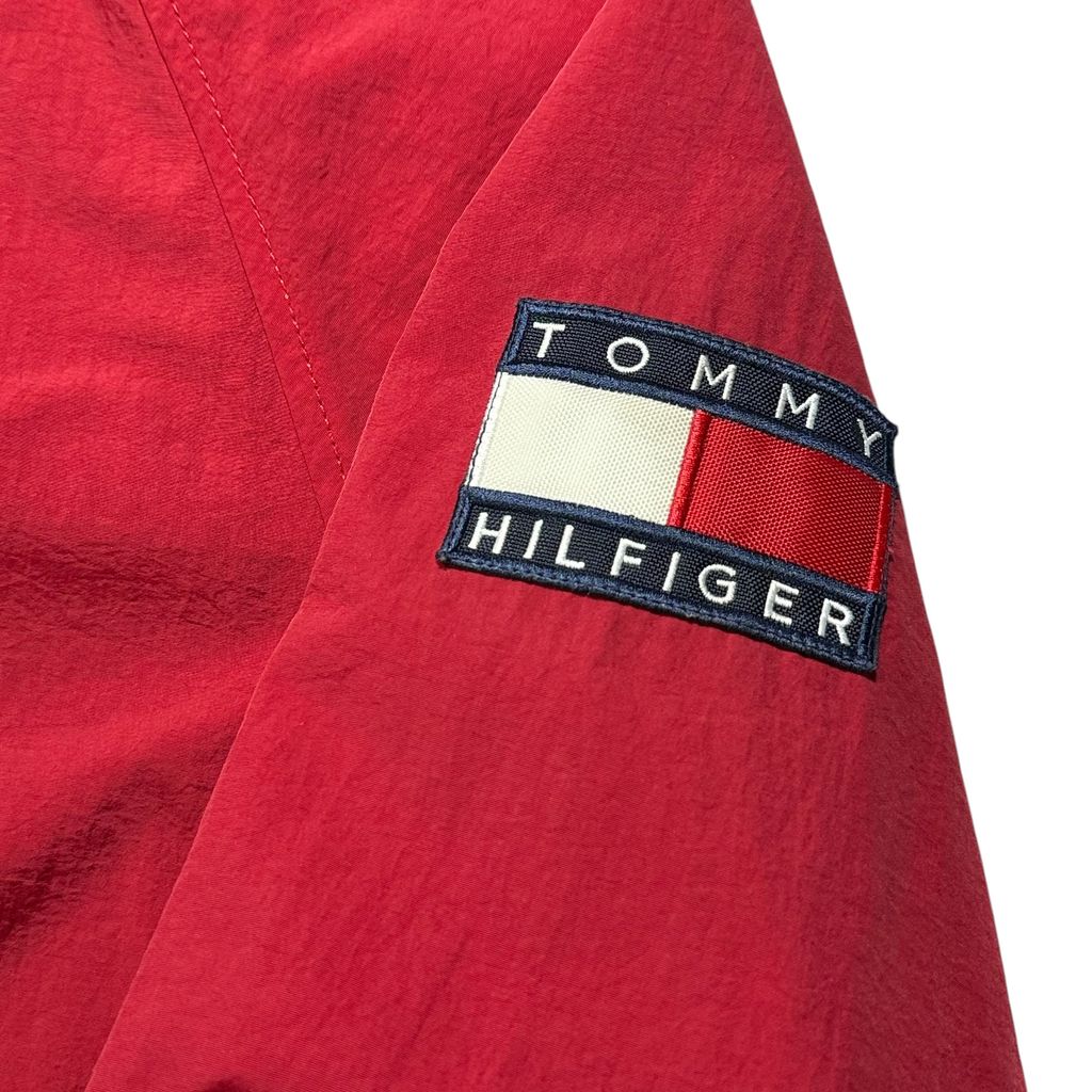 【USED】90s TOMMY HILFIGER Sailing Gear Hooded Nylon Jacket Red x Yellow x Navy L / トミーヒルフィガー セーリングギア フード付き ナイロンジャケット セーリングジャケット 襟裏ロゴ刺繍 90年代 ヴィンテージ 古着 USED