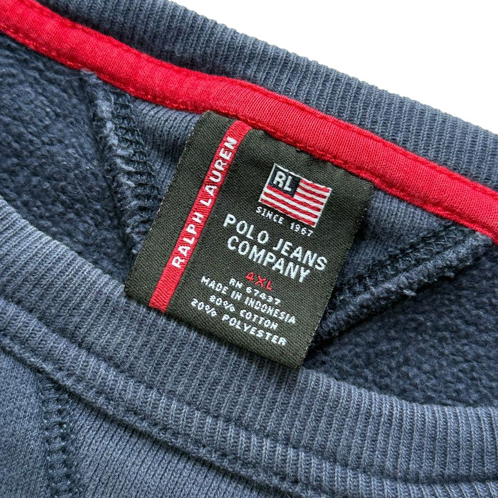 【USED】POLO JEANS CO. RALPH LAUREN Arch Logo Sweat Navy 4XL / ポロジーンズ ラルフローレン アーチロゴ 刺繍 前V スウェット トレーナー ネイビー 超ビッグサイズ 4XL 古着