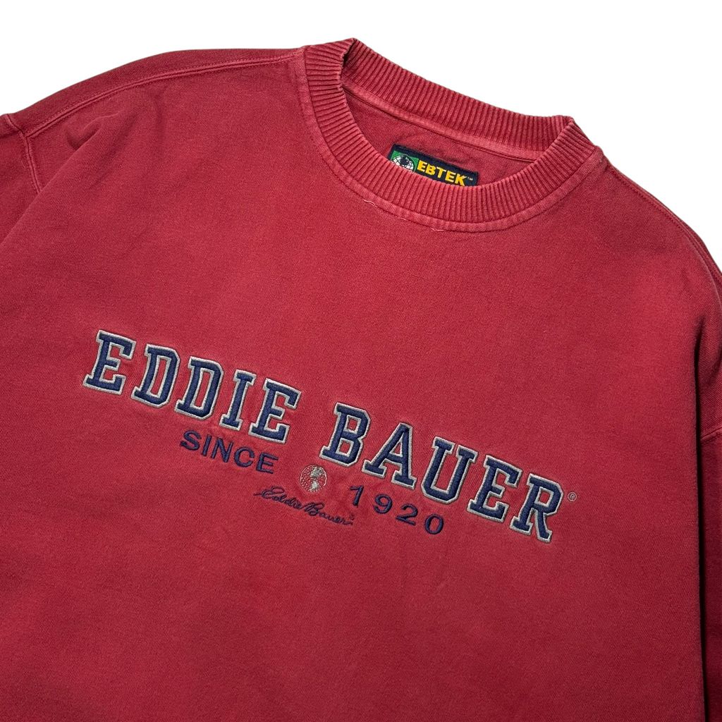 【USED】90s EBTEK Eddie Bauer Center Logo Sweat Wine L MADE IN CANADA / エディーバウアー エビテック センターロゴ 刺繍 クルーネック スウェット トレーナー エンジ バーガンディ カナダ製