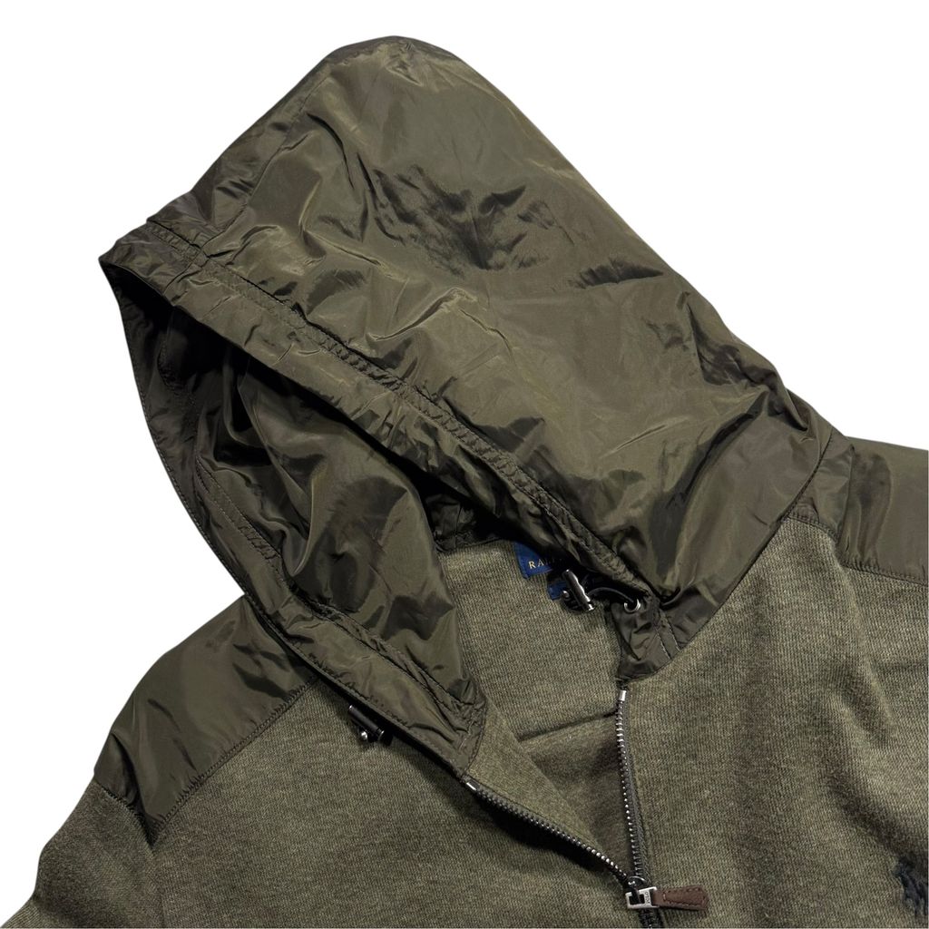 【USED】POLO RALPH LAUREN Estate Rib Hooded Full-Zip Jacket Olive XL / ポロラルフローレン エステートリブ フーデッド フルジップアップジャケット ニットパーカー ナイロン切替 オリーブ カーキ 00s〜10s
