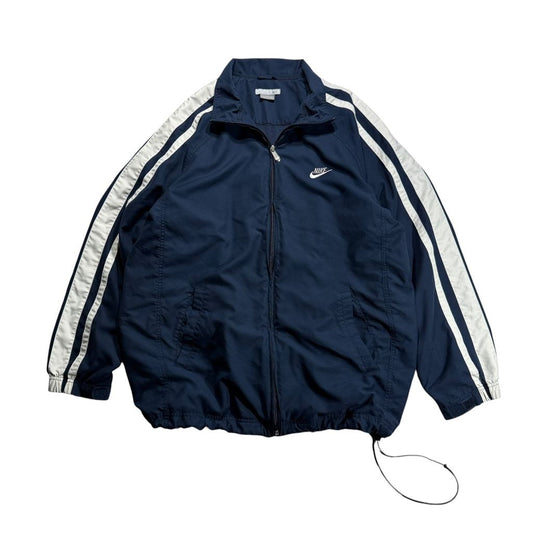 【USED】00s NIKE Nylon Track Jacket Navy x White XL / ナイキ ナイロンジャケット トラックジャケット サイドライン 刺繍ロゴ 紺 白 00年代