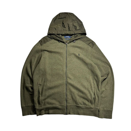 【USED】POLO RALPH LAUREN Estate Rib Hooded Full-Zip Jacket Olive XL / ポロラルフローレン エステートリブ フーデッド フルジップアップジャケット ニットパーカー ナイロン切替 オリーブ カーキ 00s〜10s