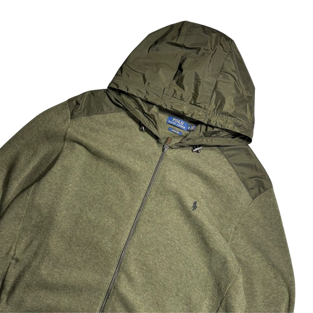 【USED】POLO RALPH LAUREN Estate Rib Hooded Full-Zip Jacket Olive XL / ポロラルフローレン エステートリブ フーデッド フルジップアップジャケット ニットパーカー ナイロン切替 オリーブ カーキ 00s〜10s