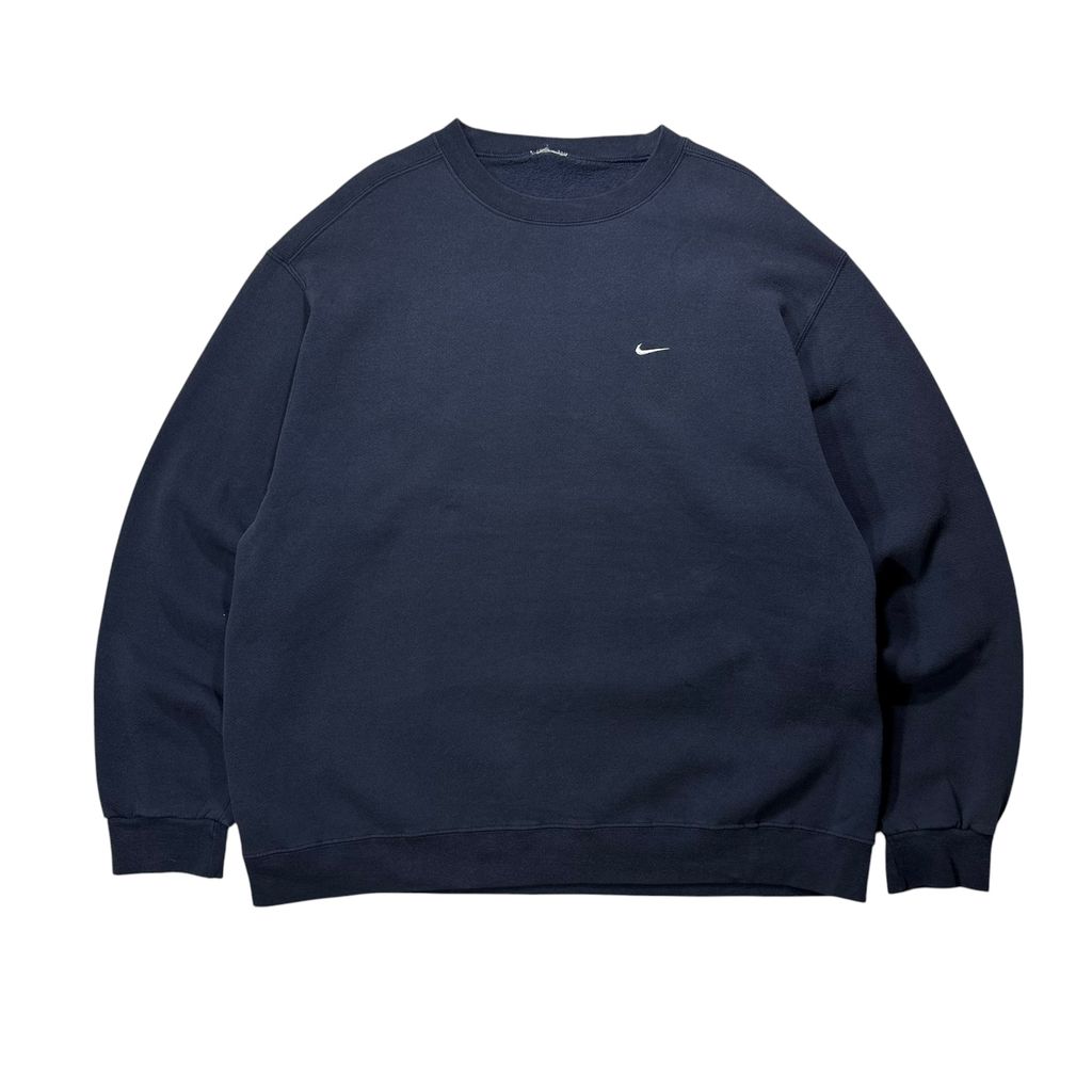 【USED】90s-00s NIKE One Point Swoosh Sweat Navy / ナイキ ワンポイント スウッシュ 刺繍 クルーネック スウェット トレーナー ダークネイビー 濃紺 白タグ メンズ ユニセックス 古着