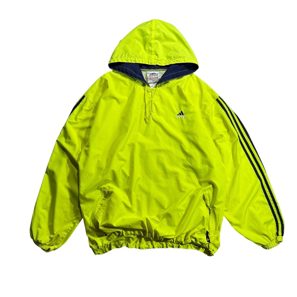 【USED】90s adidas Performance Logo Hooded Nylon Pullover Jacket Lime Green x Navy XL / アディダス パフォーマンスロゴ ナイロンジャケット プルオーバー アノラック