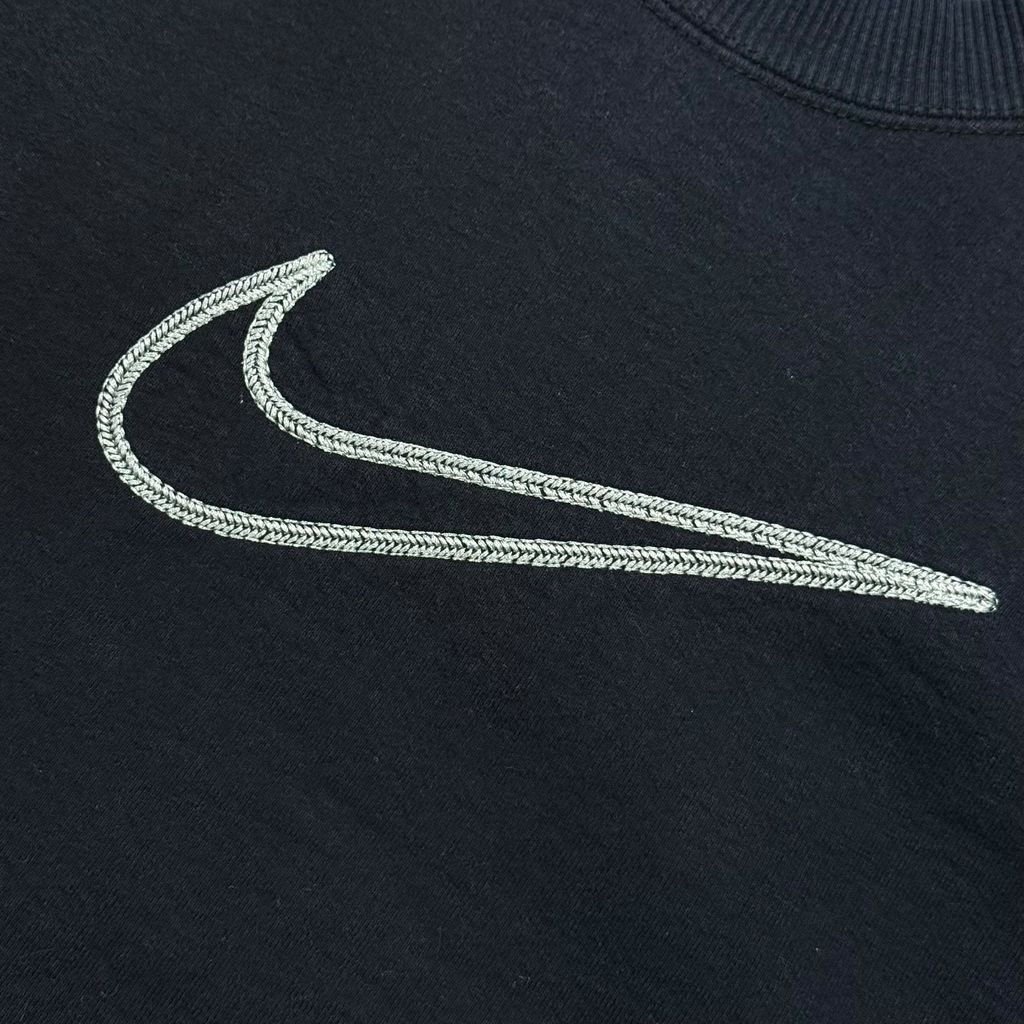 【USED】90s NIKE Center Big Swoosh Sweat Black L / ナイキ センター ビッグスウッシュ 刺繍 クルーネック スウェット トレーナー ブラック 黒 白タグ Lサイズ メンズ 古着