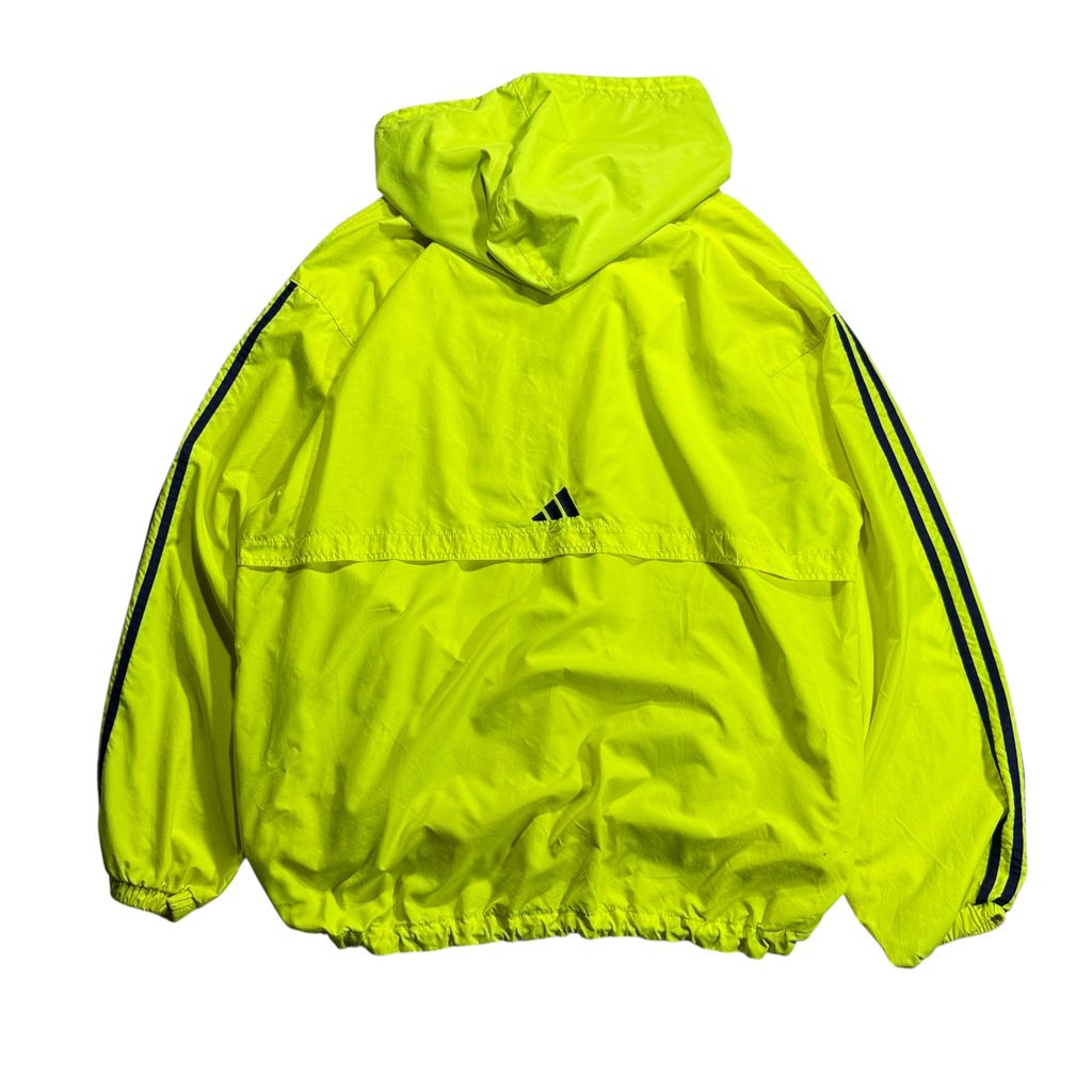 【USED】90s adidas Performance Logo Hooded Nylon Pullover Jacket Lime Green x Navy XL / アディダス パフォーマンスロゴ ナイロンジャケット プルオーバー アノラック