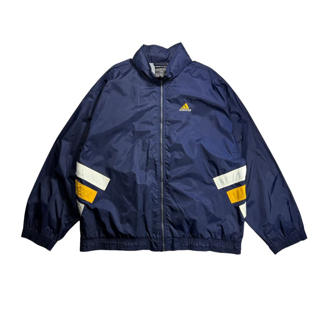 【USED】90s adidas Performance Logo Hooded Nylon Jacket Navy x Yellow x White XXL / アディダス パフォーマンスロゴ フーデッド ナイロンジャケット 切替 90年代
