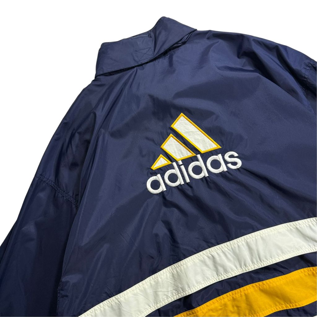 【USED】90s adidas Performance Logo Hooded Nylon Jacket Navy x Yellow x White XXL / アディダス パフォーマンスロゴ フーデッド ナイロンジャケット 切替 90年代