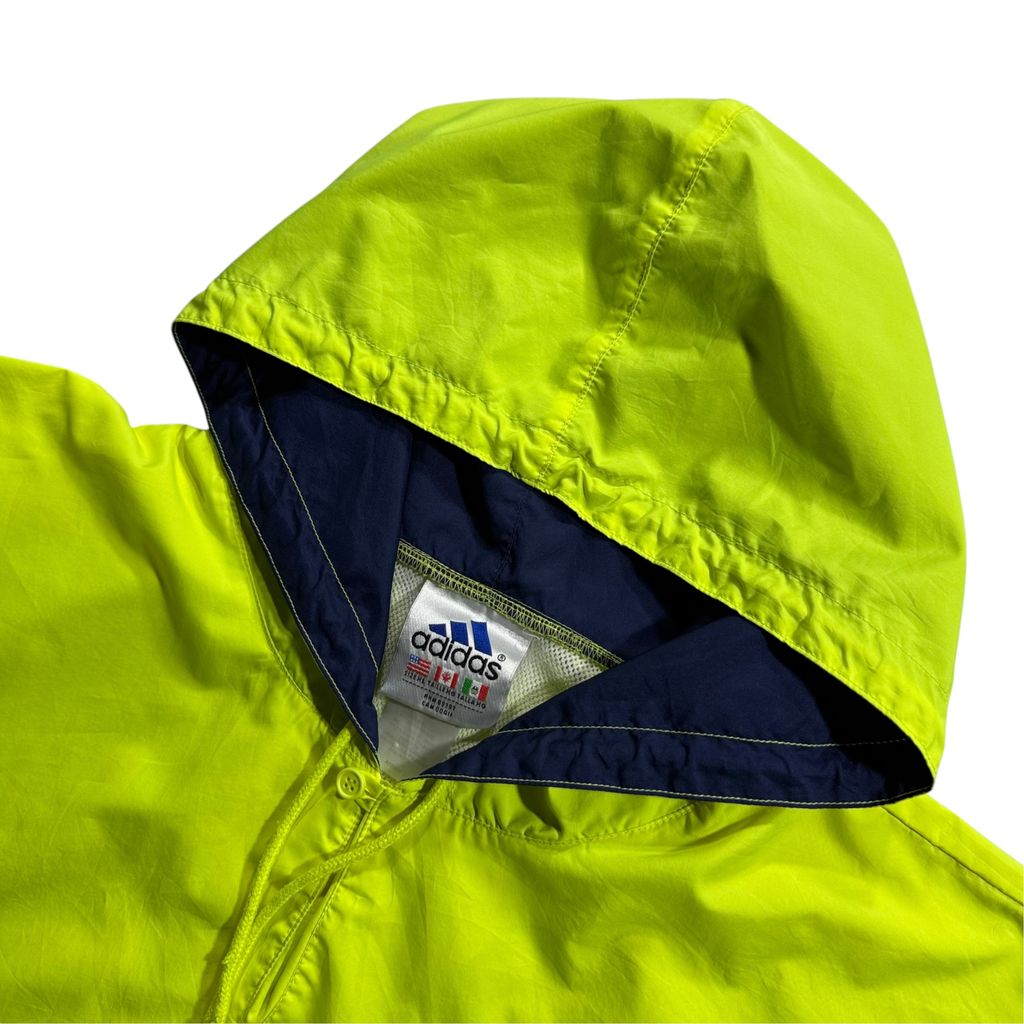 【USED】90s adidas Performance Logo Hooded Nylon Pullover Jacket Lime Green x Navy XL / アディダス パフォーマンスロゴ ナイロンジャケット プルオーバー アノラック